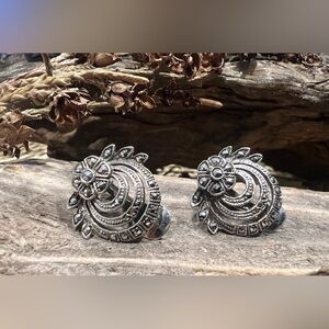 Artisan CNP Earrings Silver German 800 Marcasite Filigree Oxidized Clip-Ons